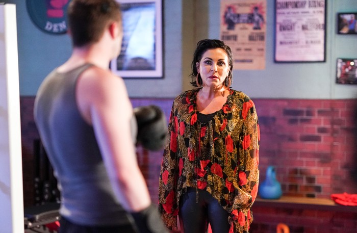 Max Bowden as Ben Mitchell and Jessie Wallace as Kat Slater in EastEnders.
