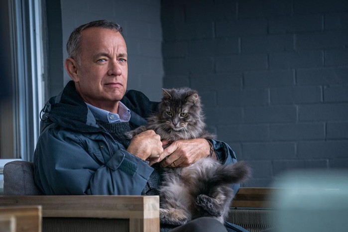 Tom Hanks as Otto Anderson in A Man Called Otto, sitting on a bench and holding a cat