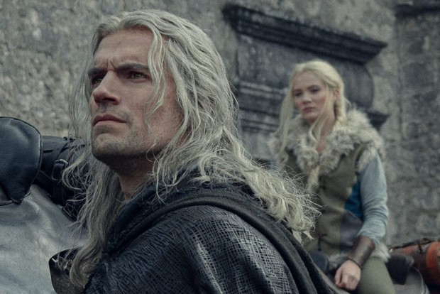 Henry Cavill, Freya Allan and Anya Chalotra in The Witcher season 3, alongside some horses