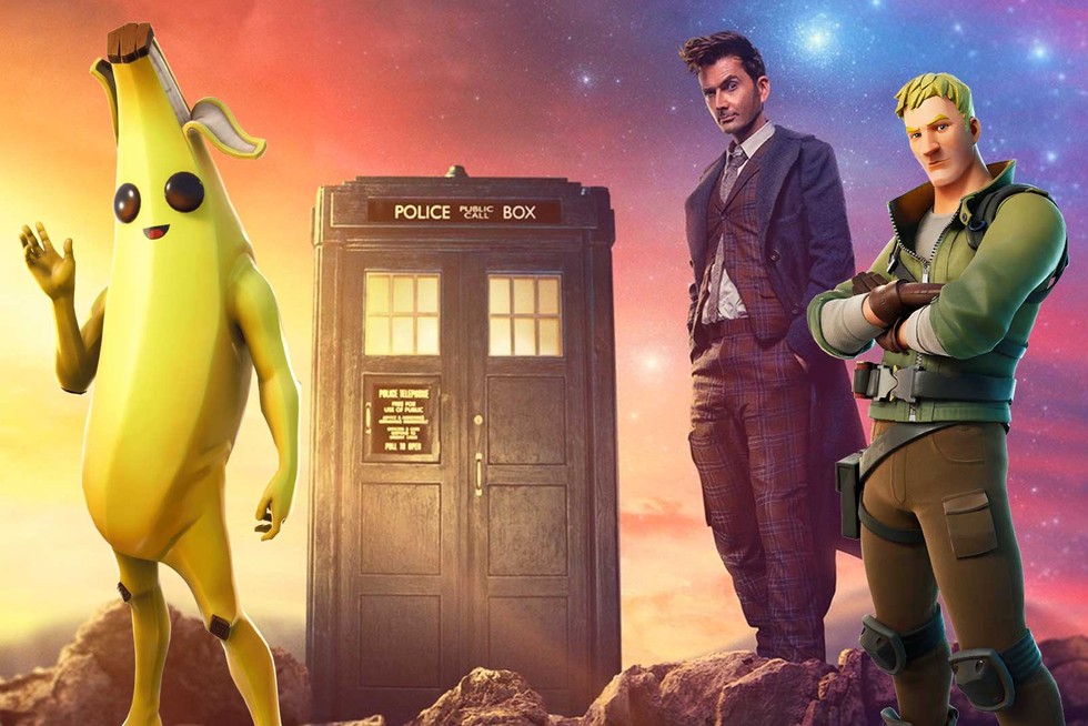 A compilation photo of the Tenth Doctor, TARDIS and Fortnite characters