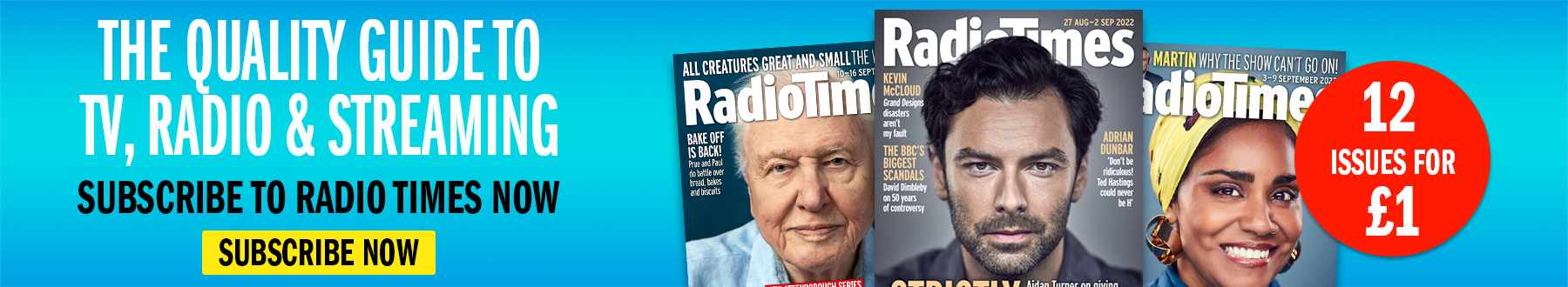 Radio Times subscription offer, with a selection of magazine covers featuring David Attenborough, Aidan Turner and Nadiya Hussain