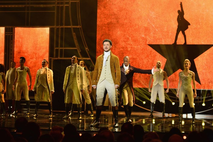 The cast of Hamilton on stage during the Olivier Awards.