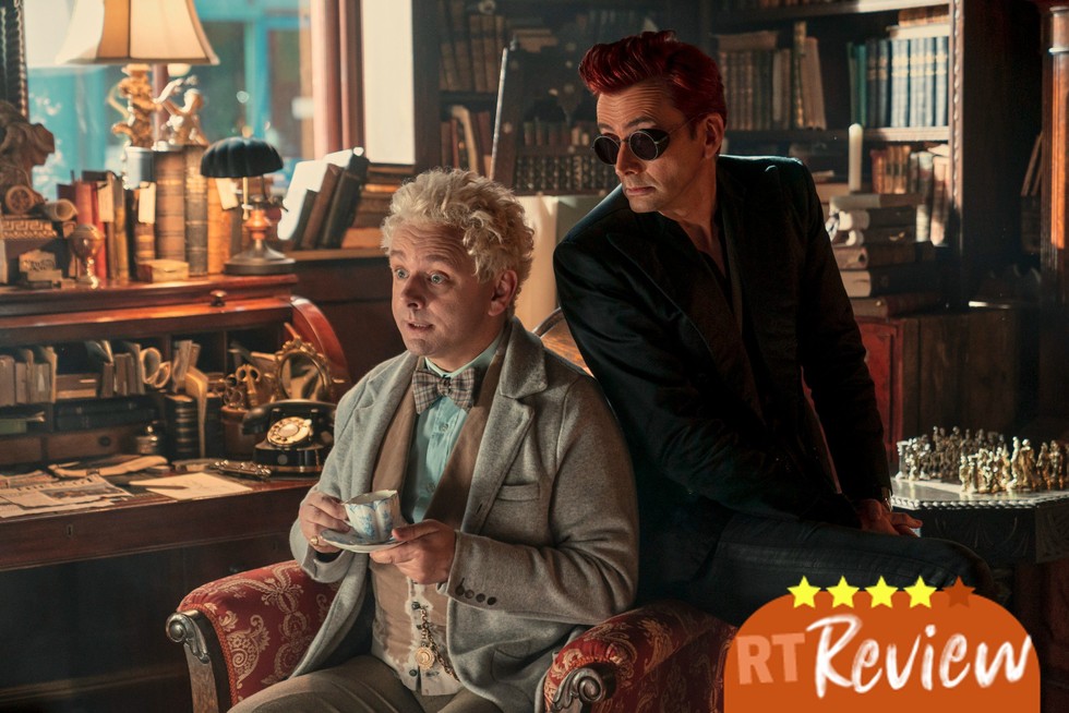 Michael Sheen and David Tennant in Good Omens, sitting on a chair, with a four-star graphic in front of them