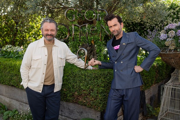 David Tennant and Michael Sheen at an event for Good Omens, standing side by side