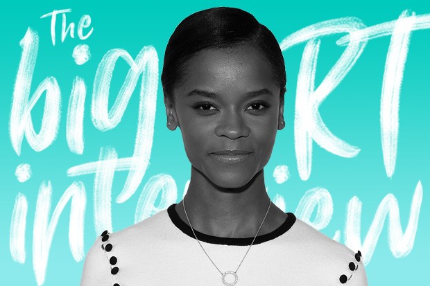 Letitia Wright with The Big RT Interview words behind her
