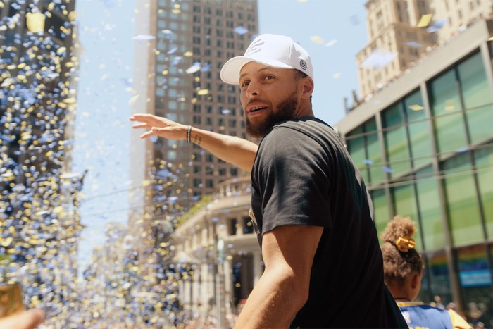 Steph Curry in a flurry of ticker tape in Apple TV+ documentary Stephen Curry: Underrated