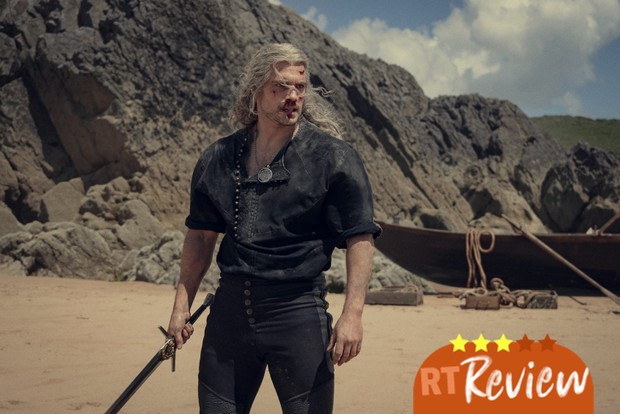 Henry Cavill as Geralt standing on a beach, holding a sword, with a three-star graphic in front