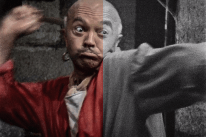 A side-by-side comparison of the black-and-white and colour versions of Doctor Who story The Smugglers