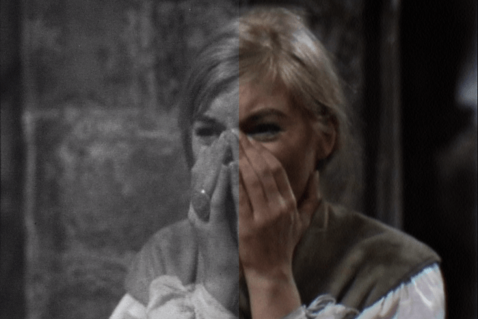 A side-by-side comparison of the black-and-white and colour versions of Doctor Who story The Smugglers